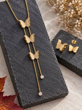 Gold Butterfly Lariat Necklace and Stud Earring Set CZ Dainty Y Drop 17.5"